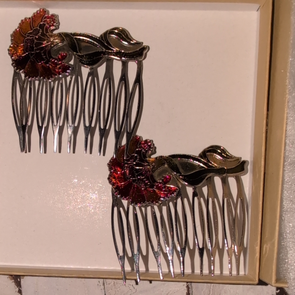 Vintage Cloisenne' Enamel Hair Comb Set